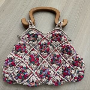 Ricardo Beverly Hills Handbag Woven With Wood Handles Lined Top Zip Floral RARE